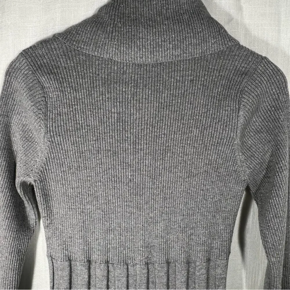 Calvin Klein Grey Cowl Neck Flare Shimmering Metallic Silver Sweater Dress Sz L
